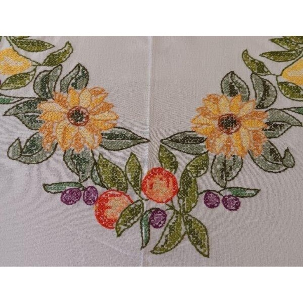 Large Vtg 70s Tablecloth Embroidered Fruits & Sunflowers Cross Stitch Floral